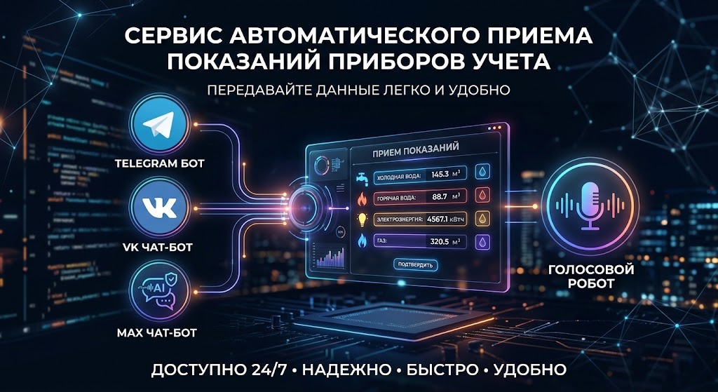 Схема автоматического приема показаний через Telegram, VK, MAX и голосового робота